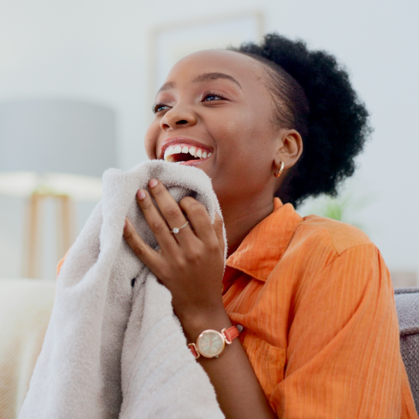 Woman Happy About Laundry Delivery 600X600